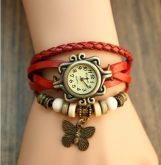 Relógio Vintage Leather, Pulseira de Borboleta - Vermelho