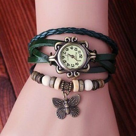 Relógio Vintage Leather, pulseira de Borboleta - Verde