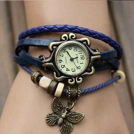 Relógio Vintage Leather, pulseira de Borboleta - Azul