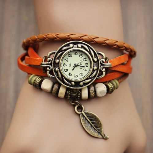 Relógio Vintage Leather, pulseira de Folha - Laranja
