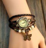 Relógio Vintage Leather, pulseira de Borboleta - Preto