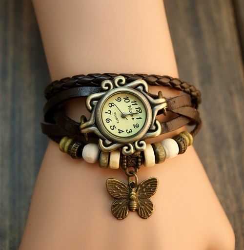 Relógio Vintage Leather, pulseira de Borboleta - Marrom